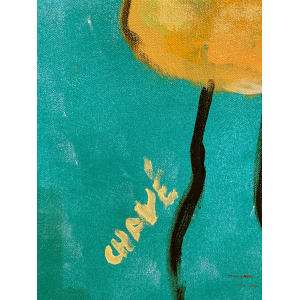 Peinture stylisée de Chavé sur fond turquoise