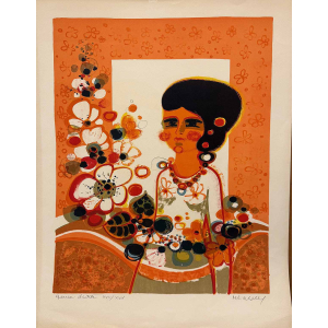 Lithographie de Frédéric Menguy Jeune Fille aux fleurs