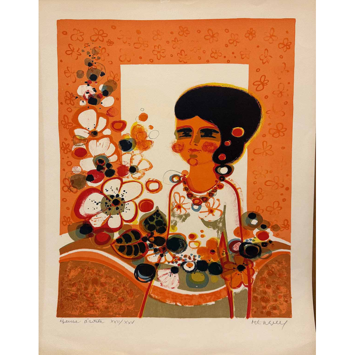 Lithographie de Frédéric Menguy Jeune Fille aux fleurs